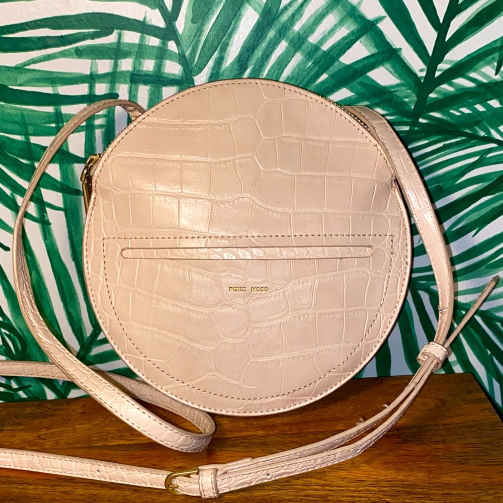 Pixie Mood Croc Embossed Beige Vegan Leather Round Crossbody Bag Cruelty Free